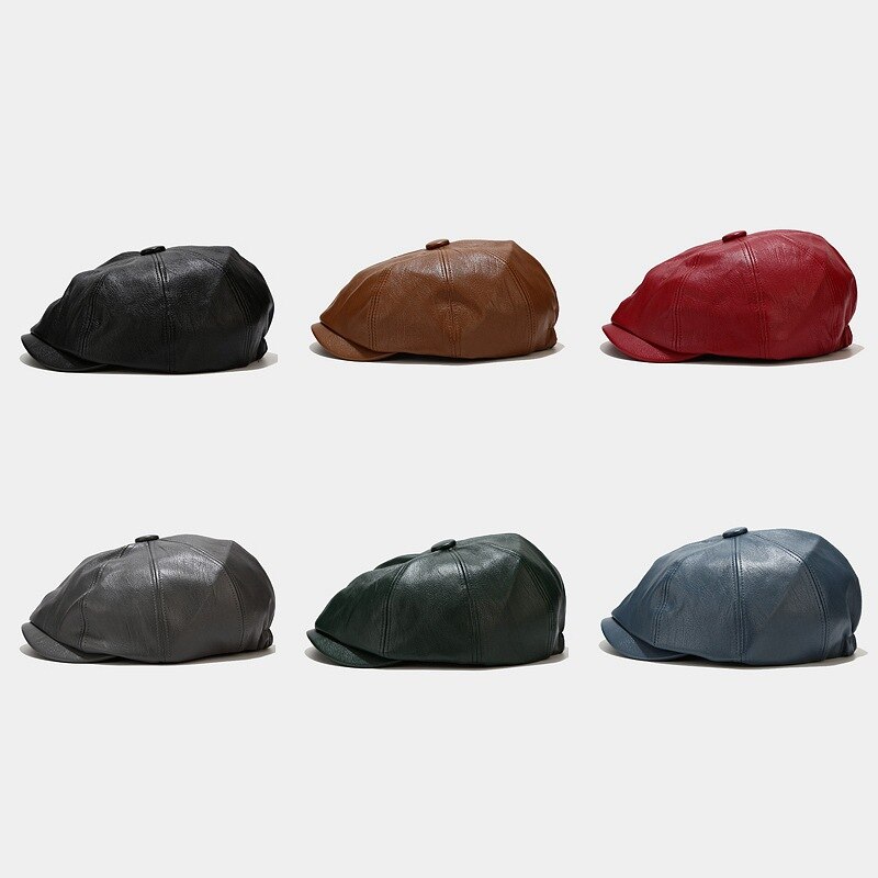 Retro PU Leather Octagonal Hats Women Street Newsboy Cap Ladies Casual Solid Painter Cap Female Bonnet casquette femme