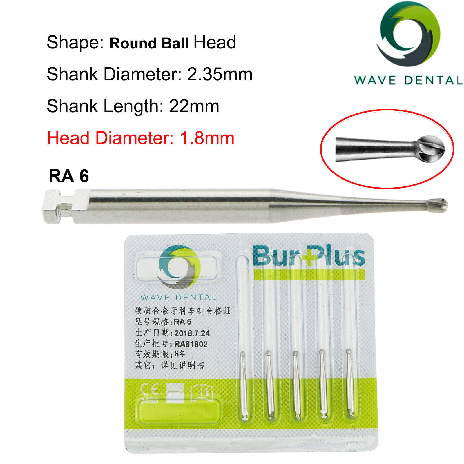 Fresas de carburo de tungsteno Dental WAVE, taladro Dental de cabeza redonda, fresas de implante RA SURG para pieza de mano de baja velocidad, herramientas de dentista, 5 unids/pack: Azul