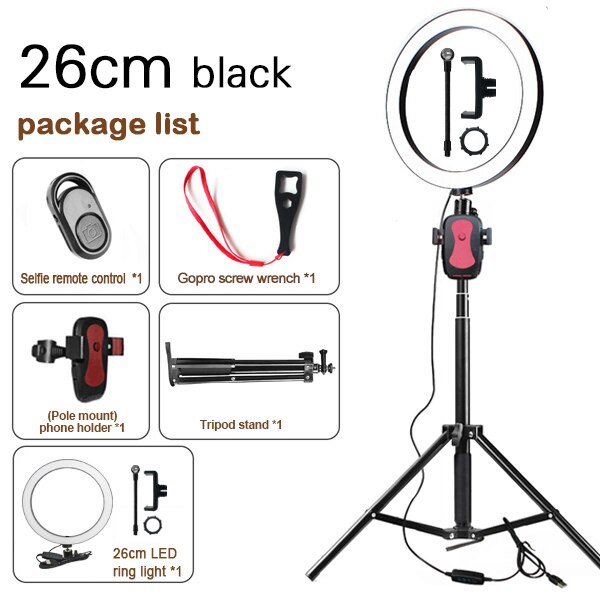 10 zoll 26cm Selfie Porträt LED Ring Licht für Handy, Kamera Video Aufzeichnen, make-up 1,8 m Höhe Stativ Ring Lampe Kit: black