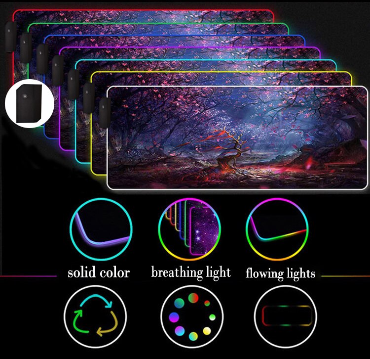 XGZ RGB Large Gaming Mousepad Beautiful Scenery Anti-slip Natural Rubber Mause Mat with Lock Edge Computer Keyboard Desk LED Pad