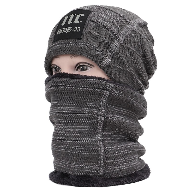 Nc label herr och dam bomullsmössa scarf kostym herr vintermössa scarf 2 delar set plus sammet tjock utomhus varm mössa: Grå