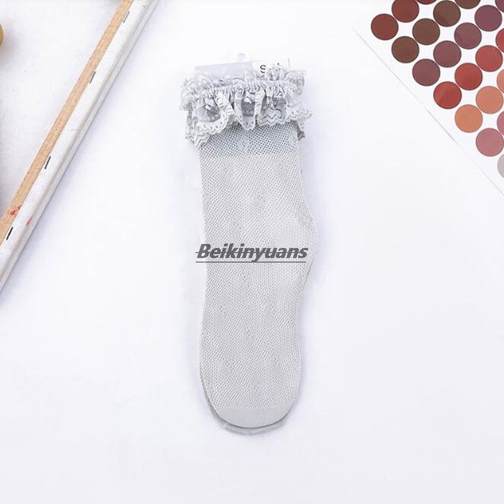 Thin summer children's socks Lolita hollow lace women's white tube pile socks cute lace socks: gray