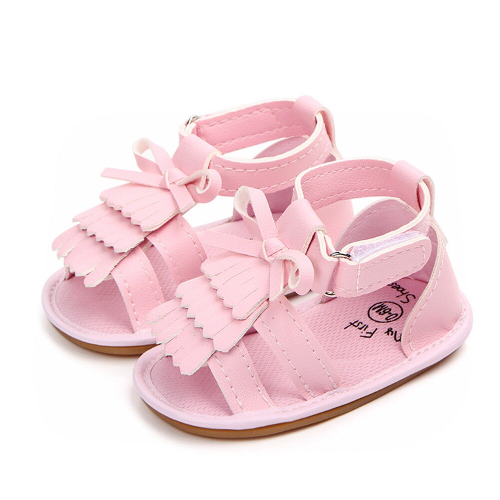 Sommer toddler baby piger afslappede sko sandal sko 0-18m solid bue krog flade pu sko baby sandaler: Lyserød / 13-18 måneder