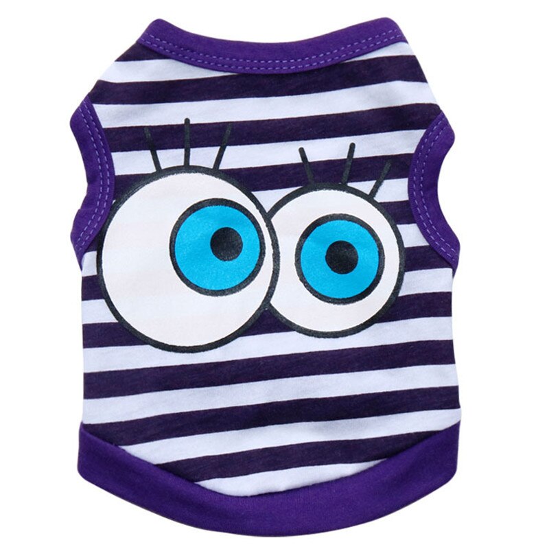 Venda quente de Verão Camisa Colete Roupas Casaco Pet Gato Filhote de Cachorro Do Gato 100% Coletes de Algodão Listrado BIG EYES Imprimir Roupas Para cães Trajes
