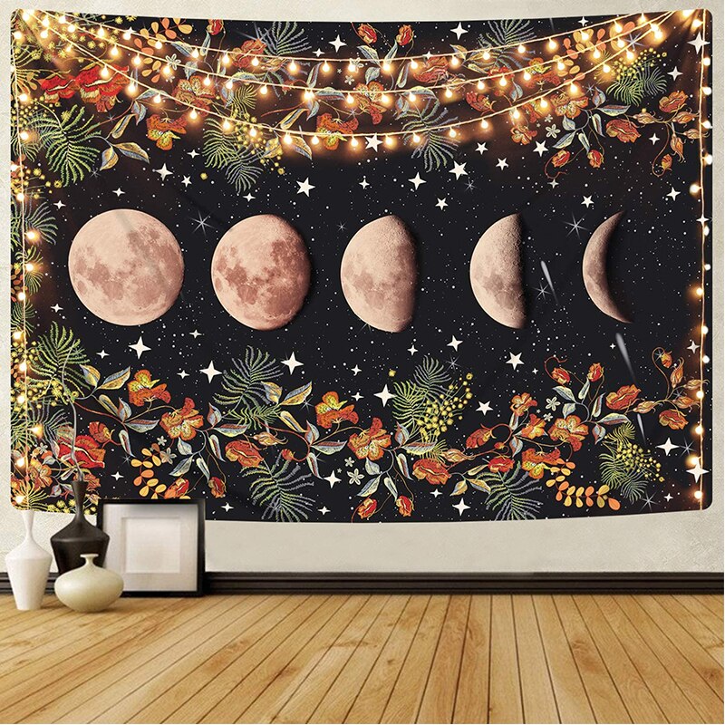 Large Moonlit Garden Tapestry, Moon Phase Flower Vine Tapestry Black Background Floral Tapestry Wall Hanging for Room