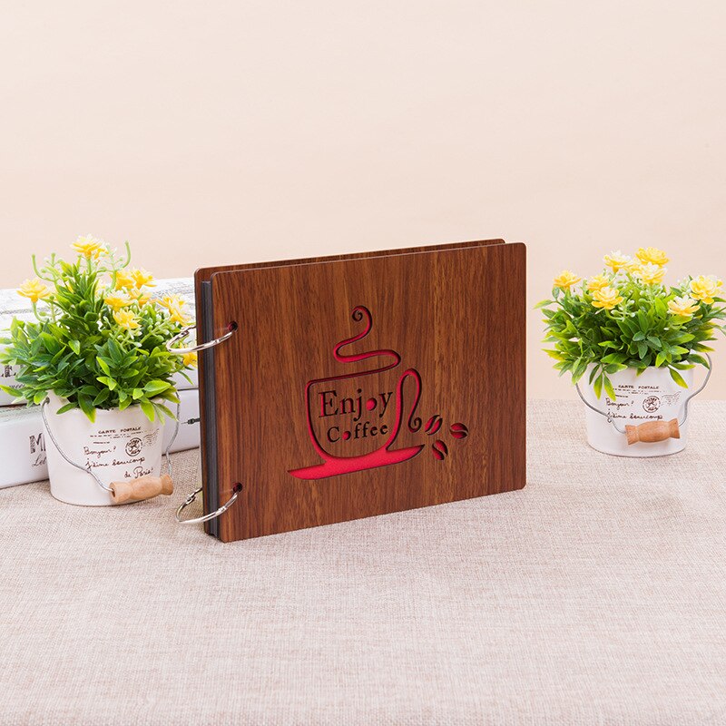 8 inch fotoalbum met houten omslag, liefdesherdenkingskaart, handgemaakt, losbladig houtsnijwerk, geplakt, doe-het-zelf plakboek, zwart vel, trouwalbum: Koffie