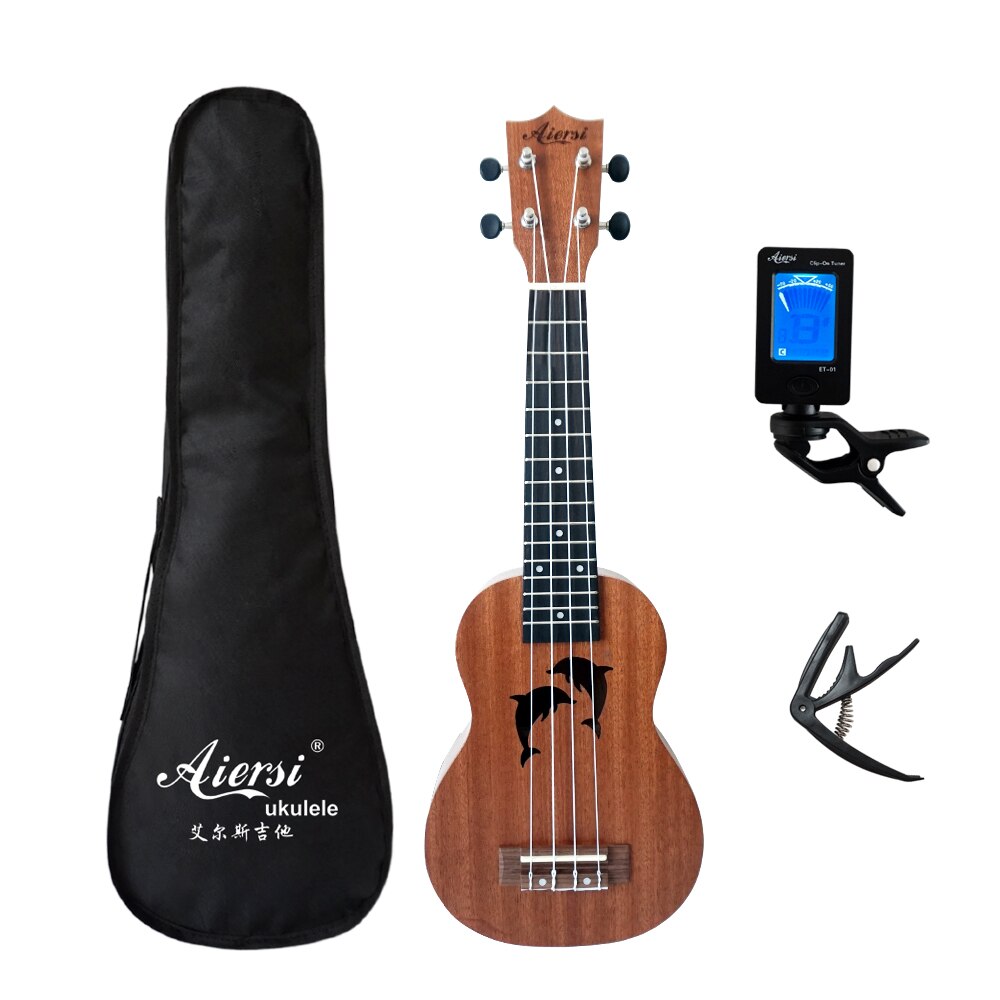 Aiersi full pack 21 inch ukelele mahogany Soprano ukulele guitar musical instrument 4 string Hawaiian mini guitarra: dolphin full set