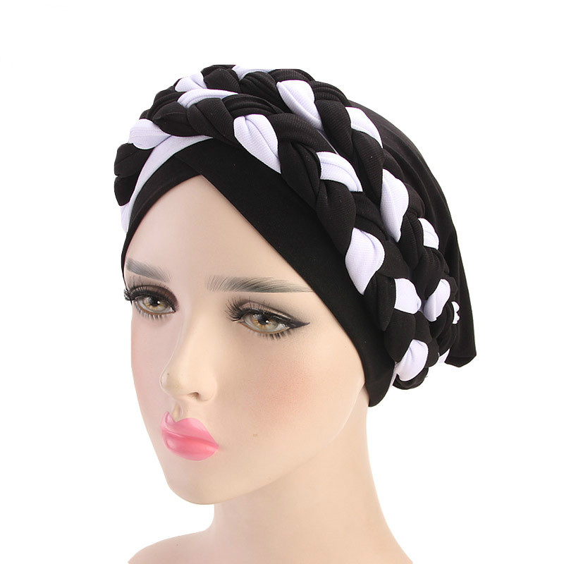Musulman Double couleur tresses Stretch Turban à volants cheveux chapeaux Beanie Bandanas foulard Turban chapeaux pour les femmes 08: 10