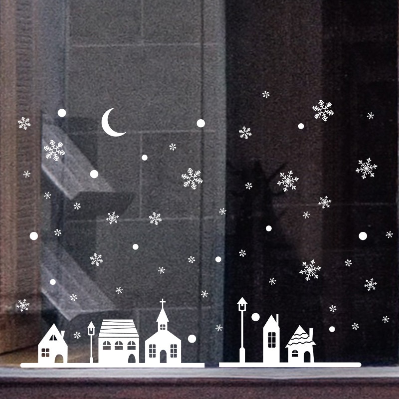 1Pc Little House Muurstickers Kerst Etalage Decoratie Muurstickers Kerst Sneeuwvlokken Stad Decor