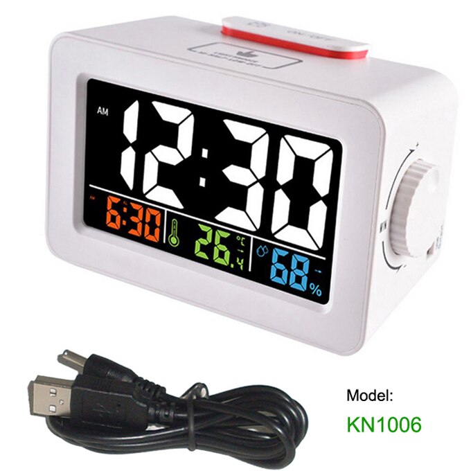 Idea de , despertador Digital para mesita de noche, reloj despertador con termómetro, higrómetro, humedad, temperatura, reloj de mesa escritorio, cargador de teléfono: WHITE