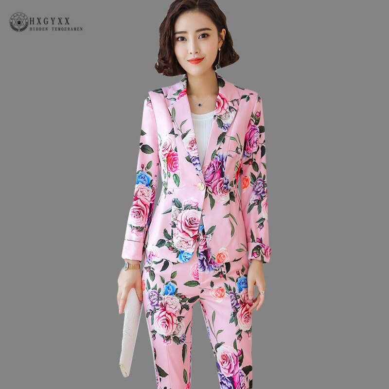 Flower Print Formal Suit Women Office Lady Blazer Set OL Blazers Jacket Uniform Long Sleeve Chinese Style Pants Suit B133: Pink / s