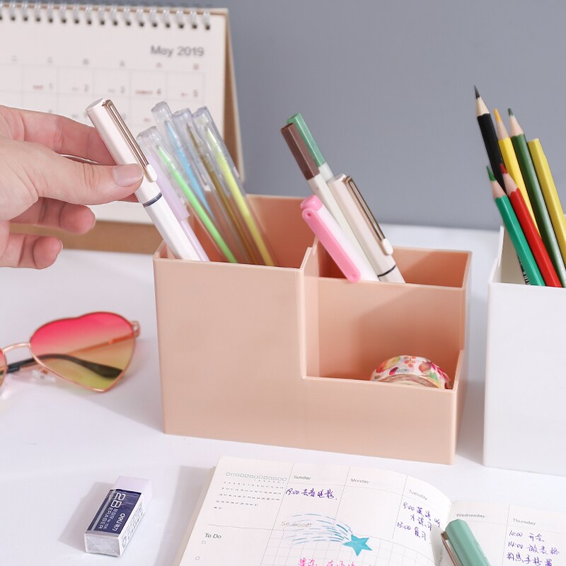 Multi-fonction 4 grilles porte-stylo de bureau conteneur organisateur de bureau papeterie carré stylo porte-crayon boîte de rangement en plastique 1PC