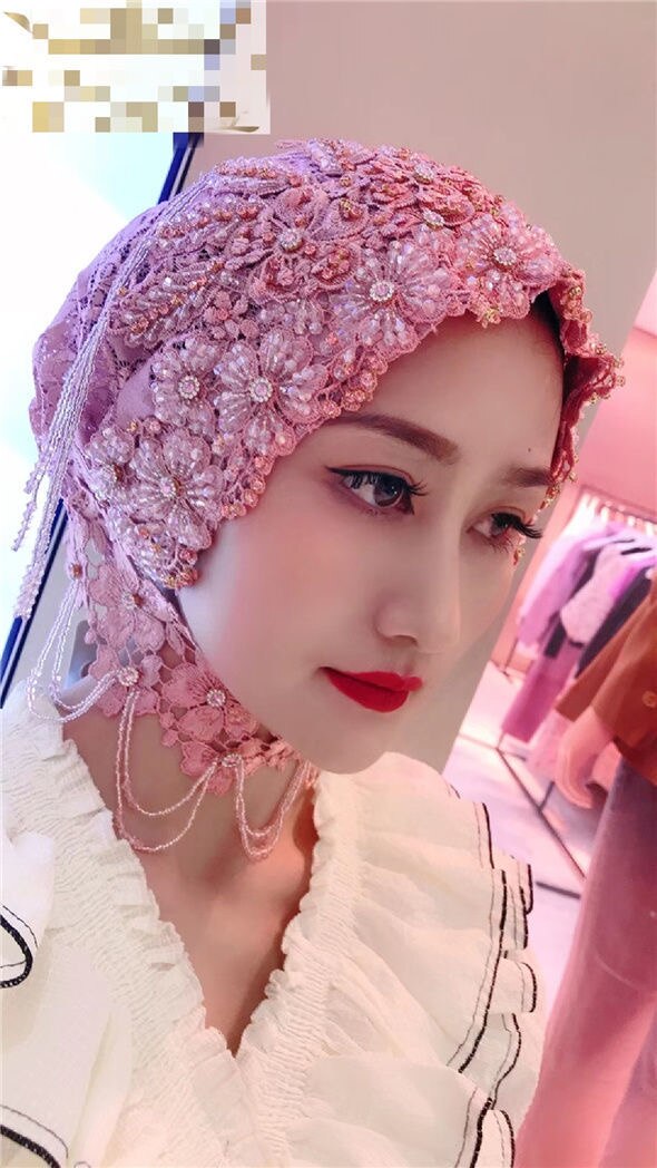 Boutique Handwork Muslim Bride Lace Wedding Party Hijabs Caps 2pcs/set
