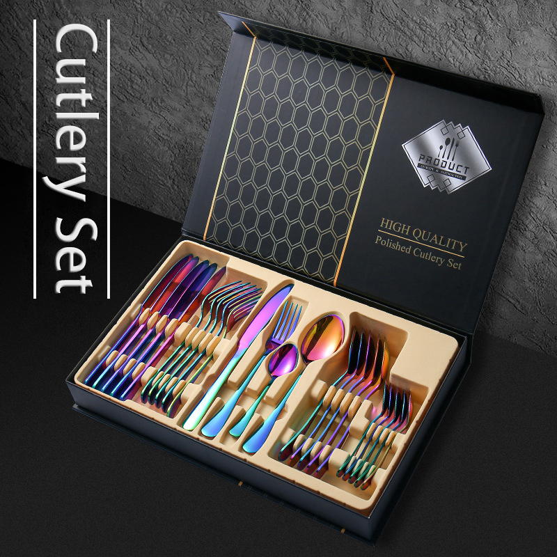 24 PCS Black Western Stainless Steel Dinnerware Cutlery Set Fork Knife Spoon Flatware Silverware Set Tableware Set
