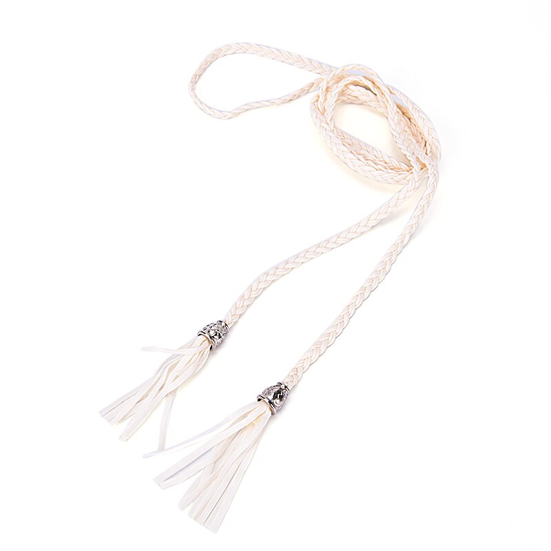 Cinturón de cuerda de cintura estrecha para mujer, sencillo, de cuero PU, con borlas trenzadas, vida diaria, 1 ud.: White