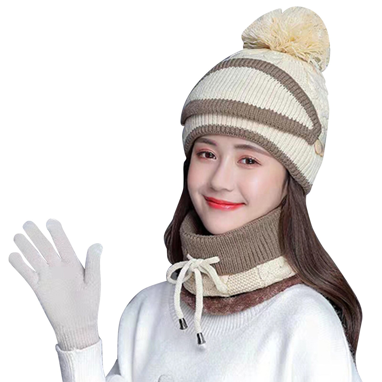 Nyeste 4 stk kvinders vinter tørklæde sæt thickend strikket hat tørklæde ansigt dække handsker udendørs: Beige