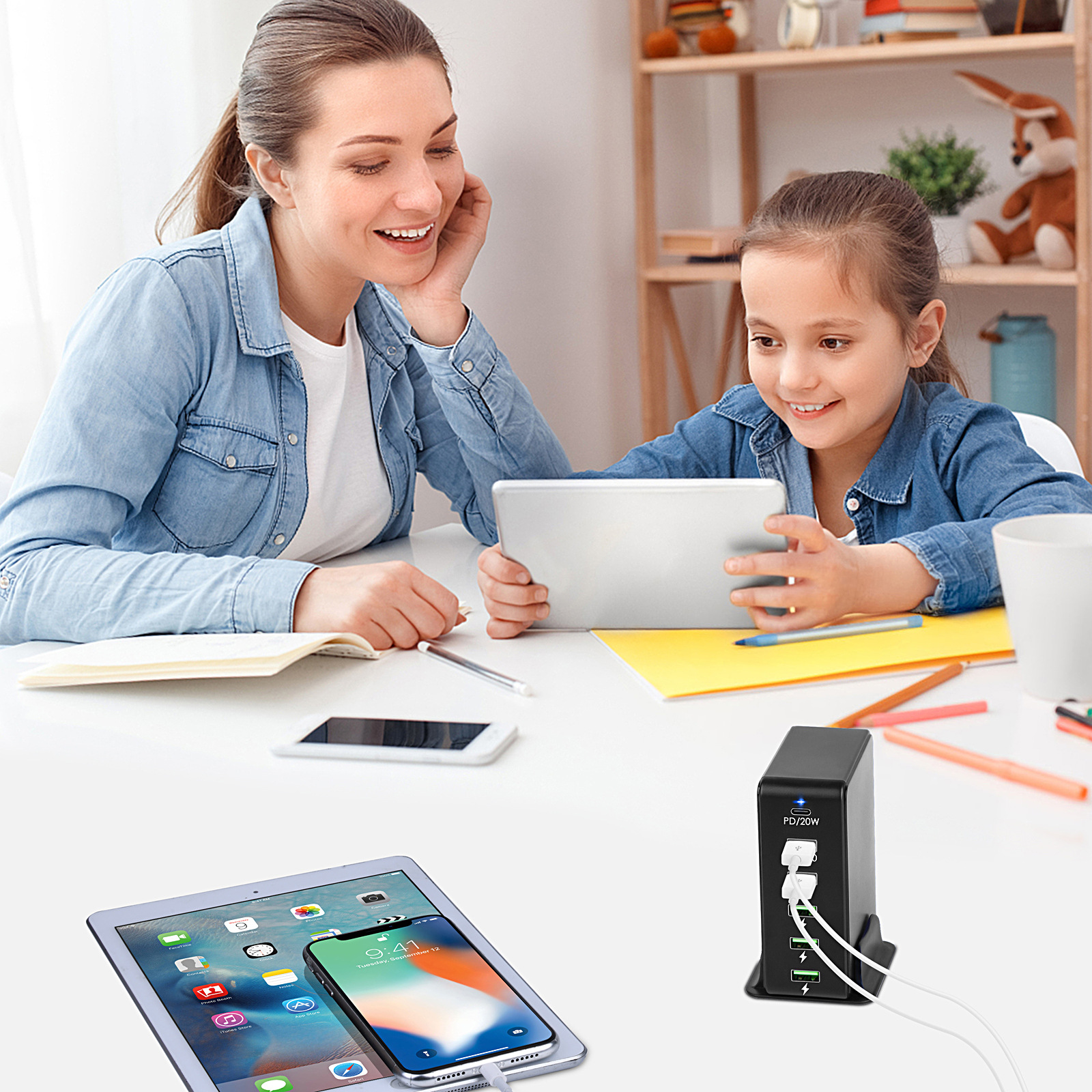 65W 6 Poorten Usb C Lader Met Stand Fast Charger Met 1 USB-C 20W Pd + 1 QC3.0 + 4 Usb Laadstation