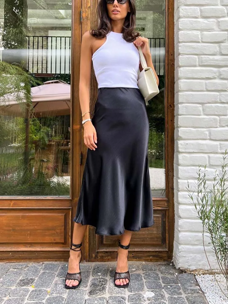 Silke satin nederdele til kvinder højtaljet nederdel kvinder a-linje nederdele sommer pink midi nederdel koreansk stil: S / Sort