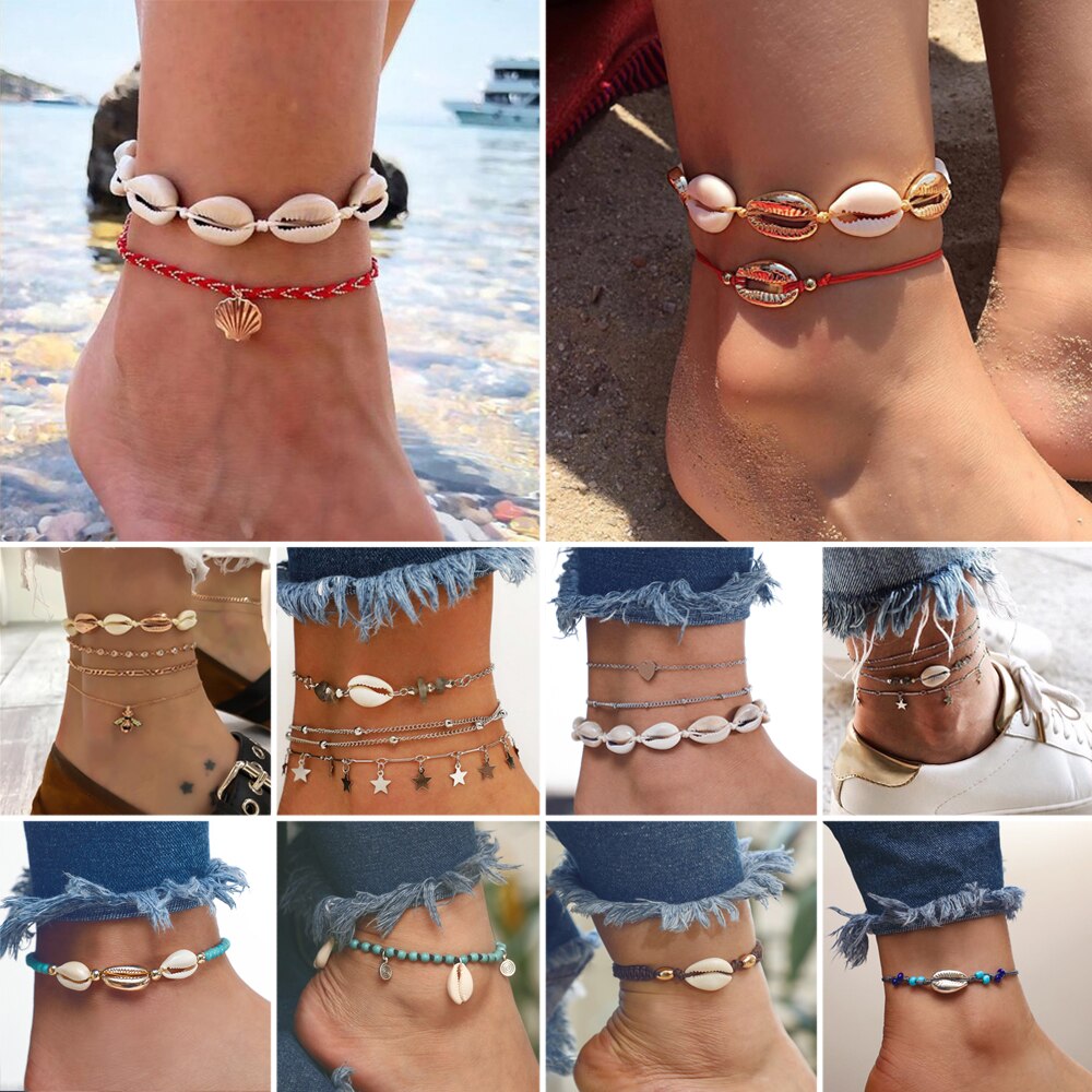 1Set Neue Böhmischen Shell Fußkettchen Für Frauen Stein Perlen Einstellbare Fußkettchen Armband Handgemachte Sommer Strände Schmuck Zubehör