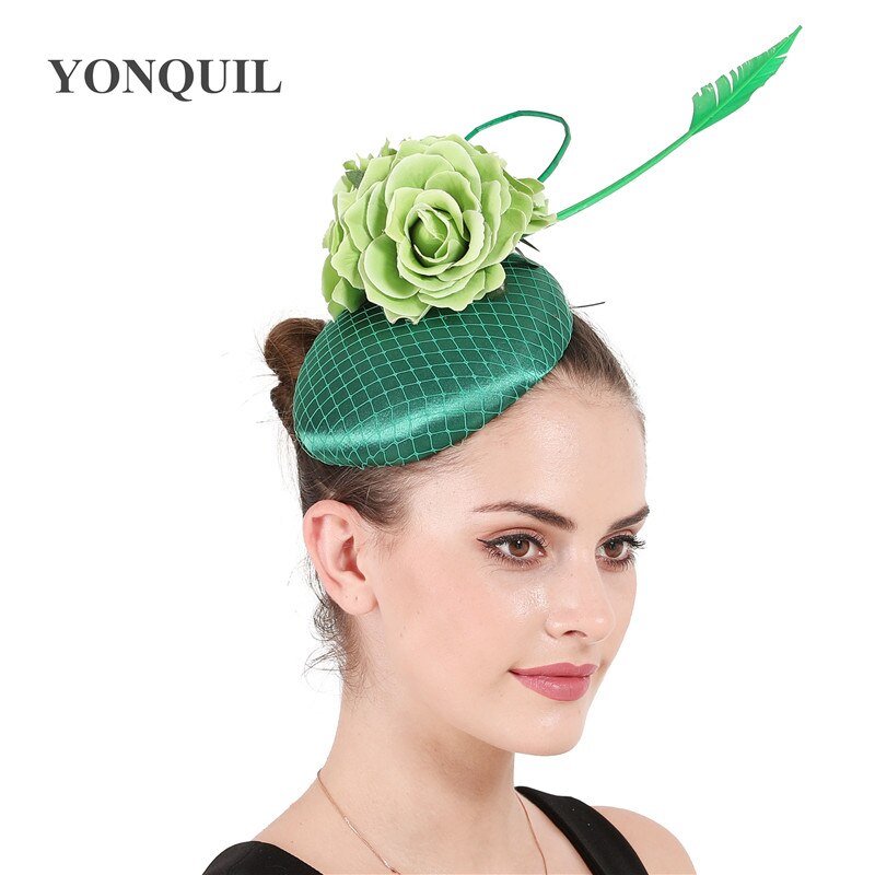 Coiffe de mariage fleur verte mariée casque de avec maille fantaisie Fascinators chapeau de mariée avec pince à cheveux pour femme