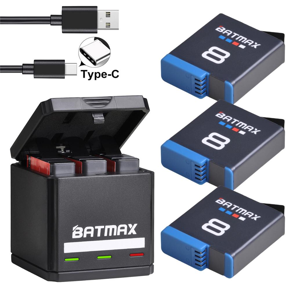 Batmax Voor Gopro 8 Gopro Hero 8 Batterij Volledige Gedecodeerd + Usb Triple Lader Doos Met Type C Poort Voor Gopro hero 8 Actie Camera