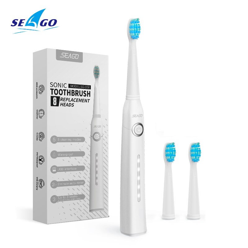 Seago Sonic Electric Toothbrush Tooth brush USB Rechargeable adult Waterproof Ultrasonic automatic 5 Mode with Travel case: white 3 heads