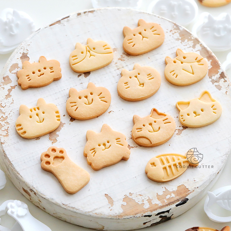 Juego de sellos y cortadores de galletas con forma de gato y pez de dibujos animados, moldes en relieve para galletas con forma de pata de gato, herramientas de decoración de pasteles y Fondant