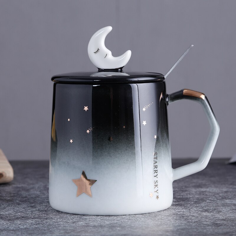 star mug individual trend ceramic water cup Nordic milk coffee tea cup with lid spoon: C