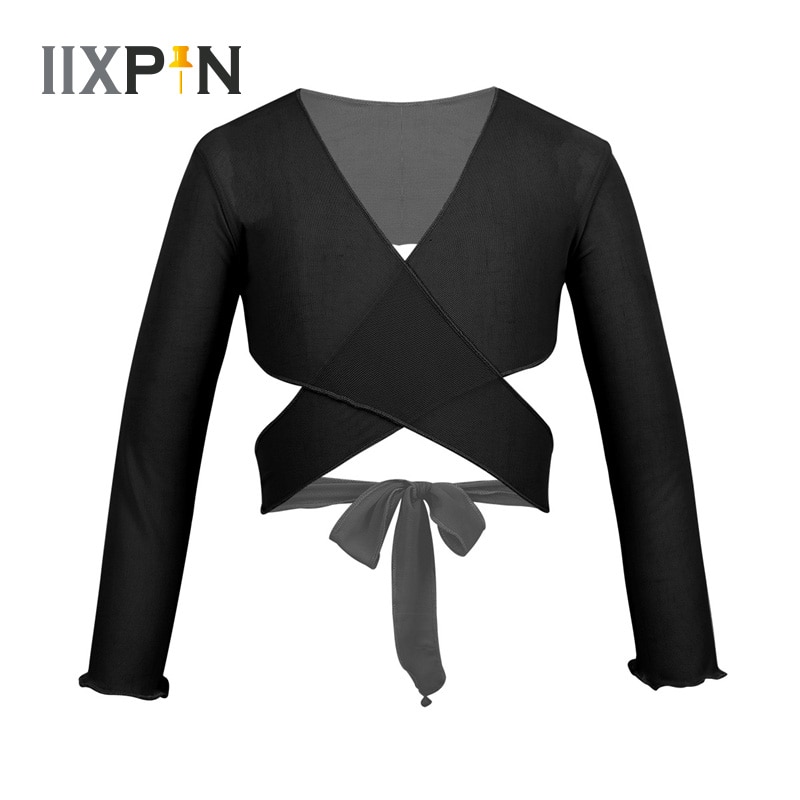 IIXPIN Kids Girls Ballet Clothes Dance Wear Wrap Classic Mesh Ballet Costume Long Sleeve Wrap Top with Adjustable Tie Closure