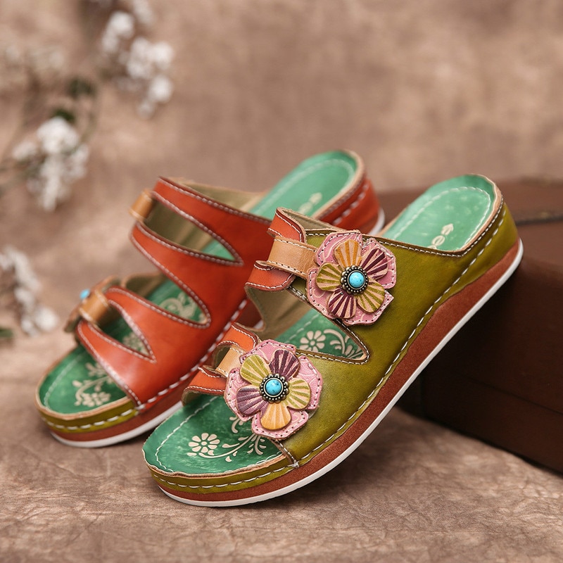 XNHN, Sandalias de verano para Mujer de talla grande con tacones medios, cuñas, zapatos de Mujer, Sandalias étnicas de piel sintética Vintage, zapato femenino