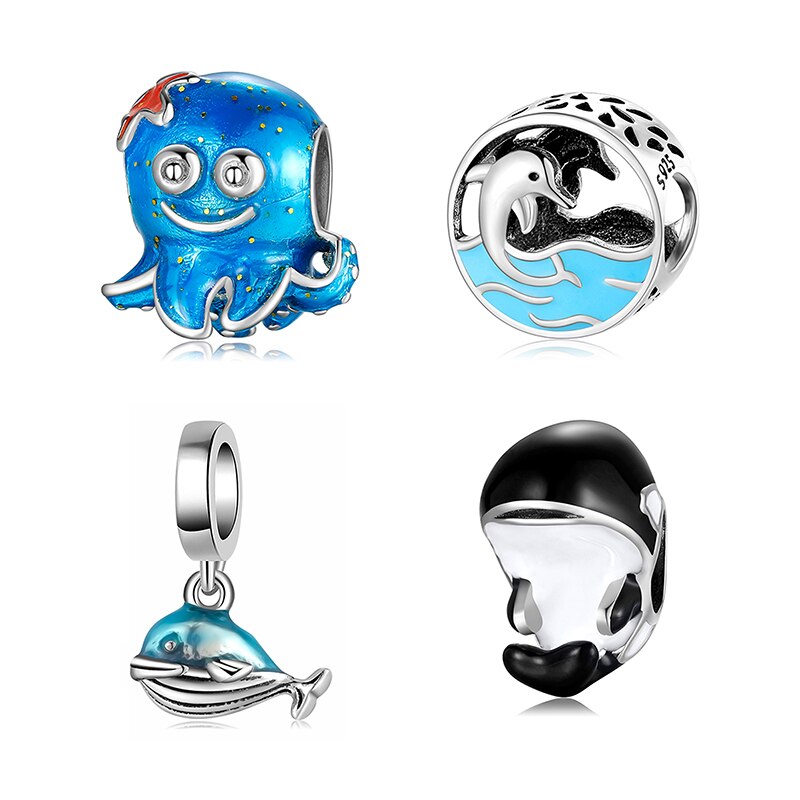 Contas do oceano amigo humano golfinhos esmalte azul autêntico 925 contas de prata esterlina caber encantos originais pulseiras fazendo