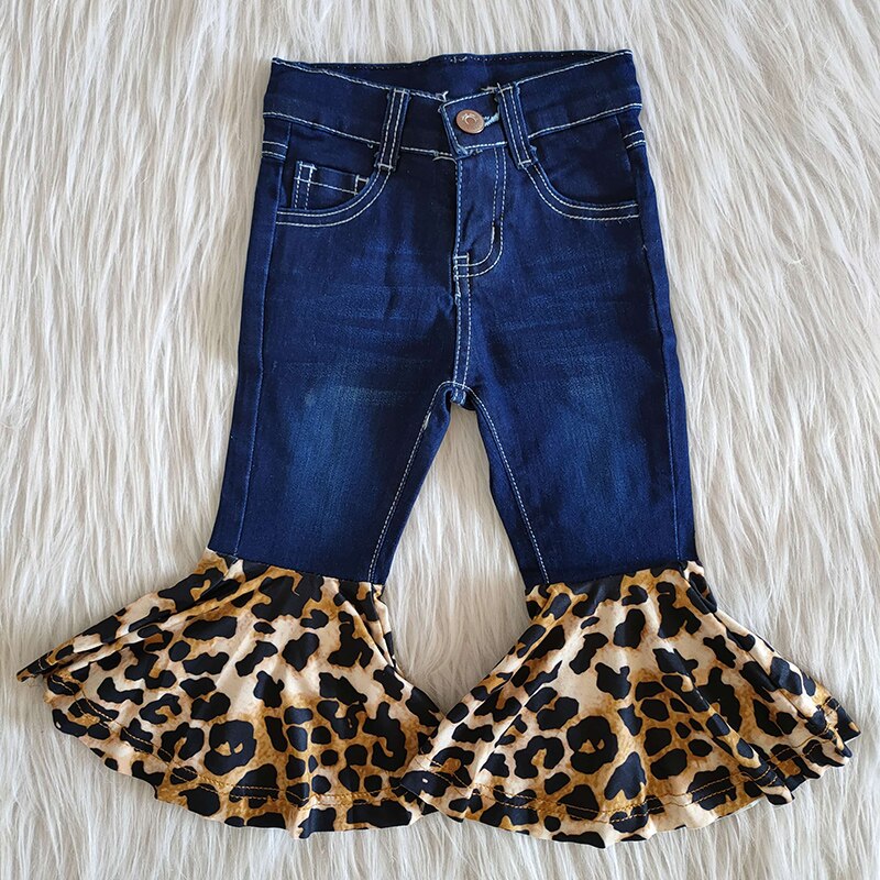 Baby piger efterår vinter denim klokkebund børn boutique moderigtigt børn småbørn leopard flared bukser jeans