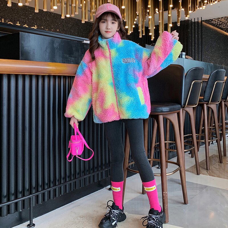 Regenboog Wol Blends Voor Meisjes Winter Kinderen Kasjmier Top Kerst Tiener Fleece Thicken Jacket Kids Kleding Bovenkleding 4-14 jaar