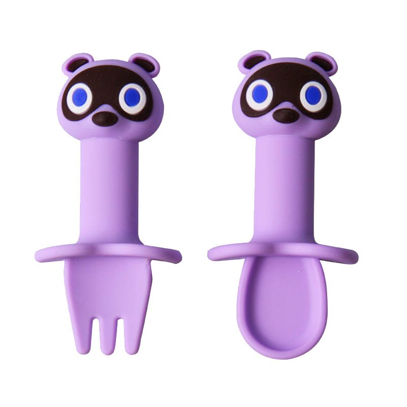 2Pcs/Set Cartoon Pattern Spoon Fork Set Detachable Safe Silicone Infant Feeding Children Tableware Utensil Heat-Resistant Spoon: Fox bear purple