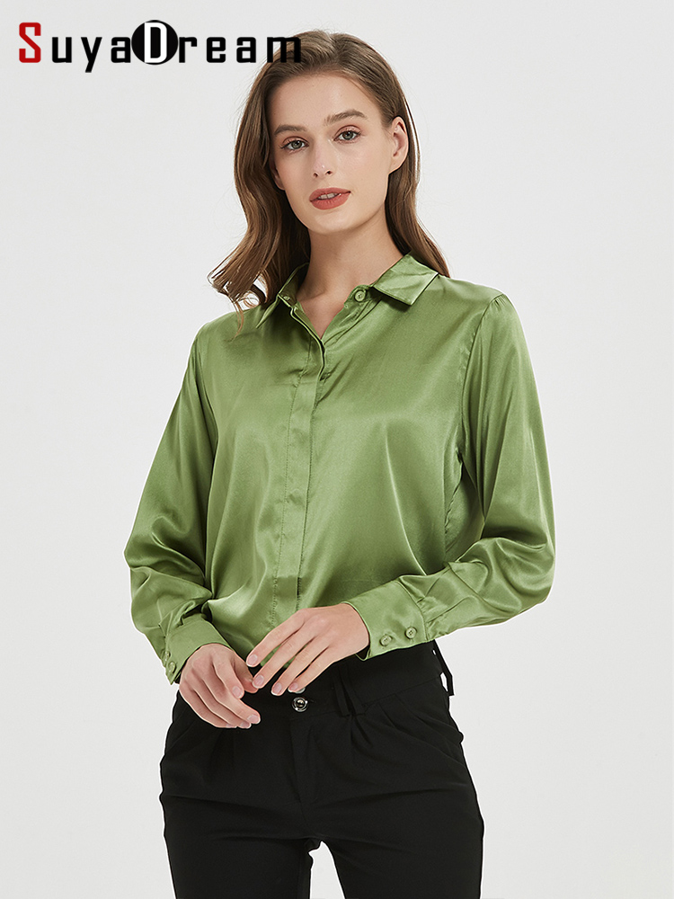 SuyaDream-camisas lisas de seda 93% auténtica para mujer, Blusa de manga larga de 7% licra, Top para oficina, primavera y otoño, 2022