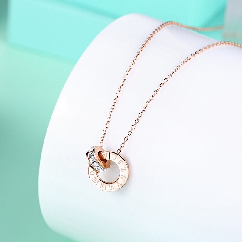 Estilo coreano jane sobre 18k ouro rosa titânio aço ornamento numerais romanos anel circular diamante conjunto colar feminino accessor