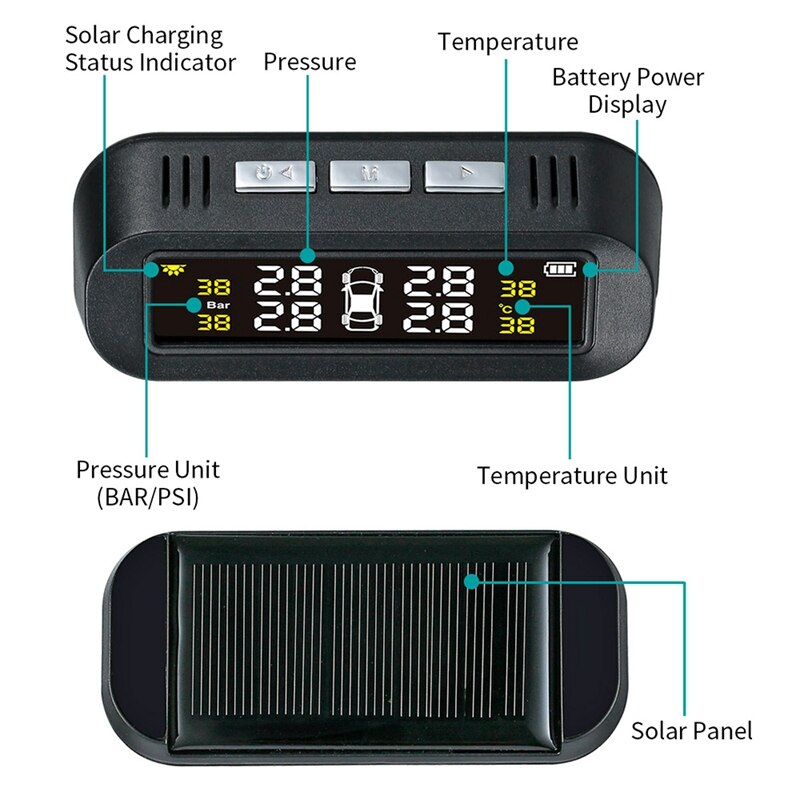 Tpms Solar Power Universal,Wireless Tire Pressure Monitoring System With 4 External Sensors,Real-Time Displays 4 Tires'Pressure