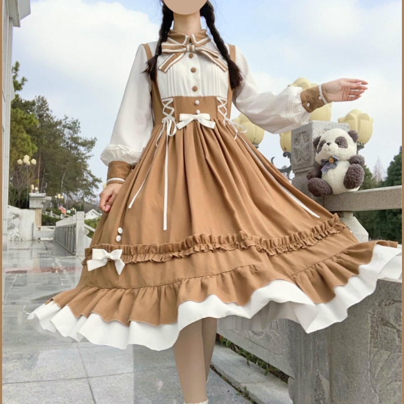 Vestido de de princesa, Harajuku japonés agradable arco, volantes, manga larga