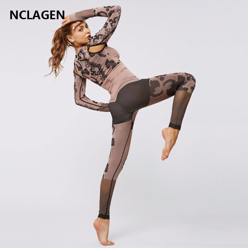 Yoga sæt sport kvinder fitness dragt nylon sømløs crop top hul langærmet skjorte leggings bodybuilding bukser nclagen