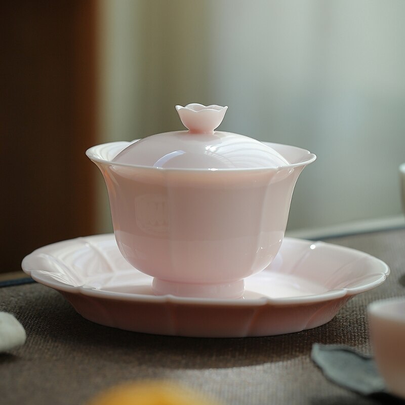 Cover Teacup Handmade Single Colored Glaze Petals Ceramic Tea Bowl Kung Fu Tea Set Gaiwan Tea Ceremony Bowl