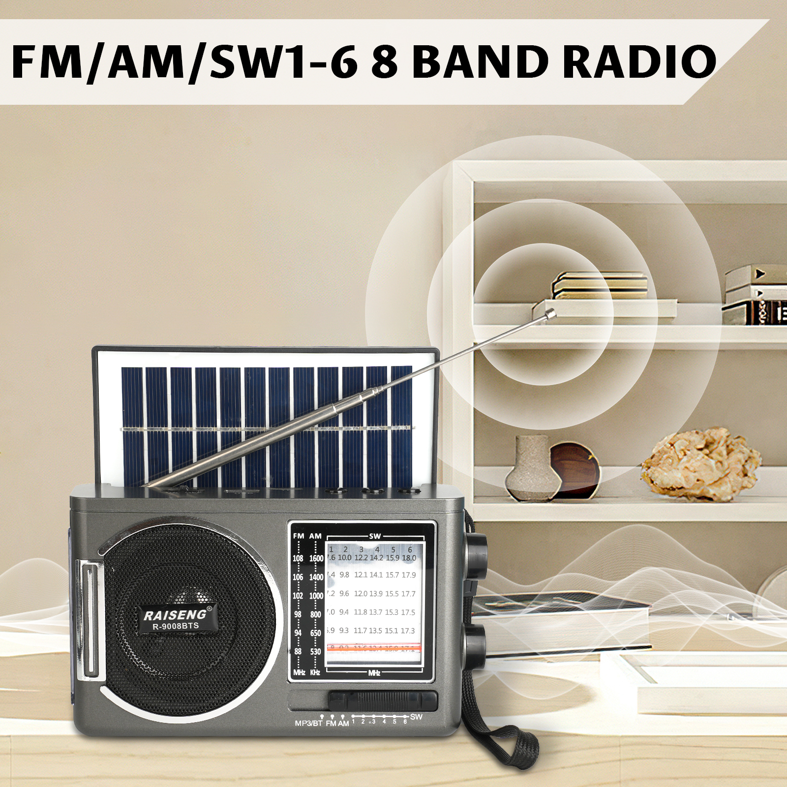 9008BTS classic solar radio, AM/FM speaker, USB/TF card interface, 3 charging methods, suitable for outdoor activities