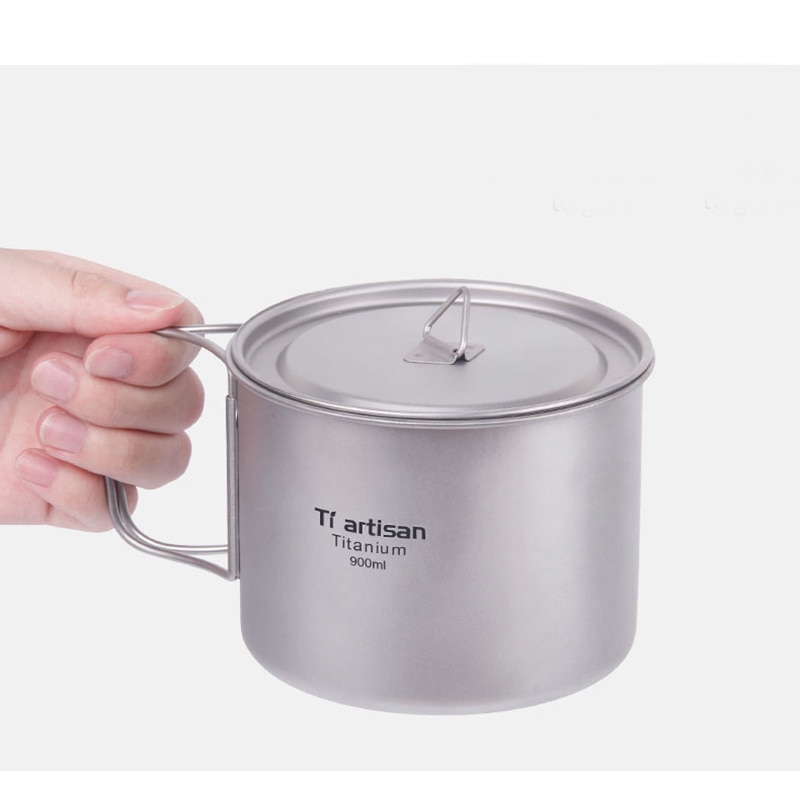 Tiartisan acampamento portátil copo 900ml copo de titânio pote de água com tampa dobrável alça piquenique panelas ao ar livre utensílios de mesa ta8316