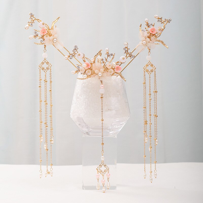 Chinese Long Hair Stick tiara Headpiece Women Hair Accessories Flower Crystal Pearl Hair Pins Handmade Hair Jewelry Accessories: GZ588
