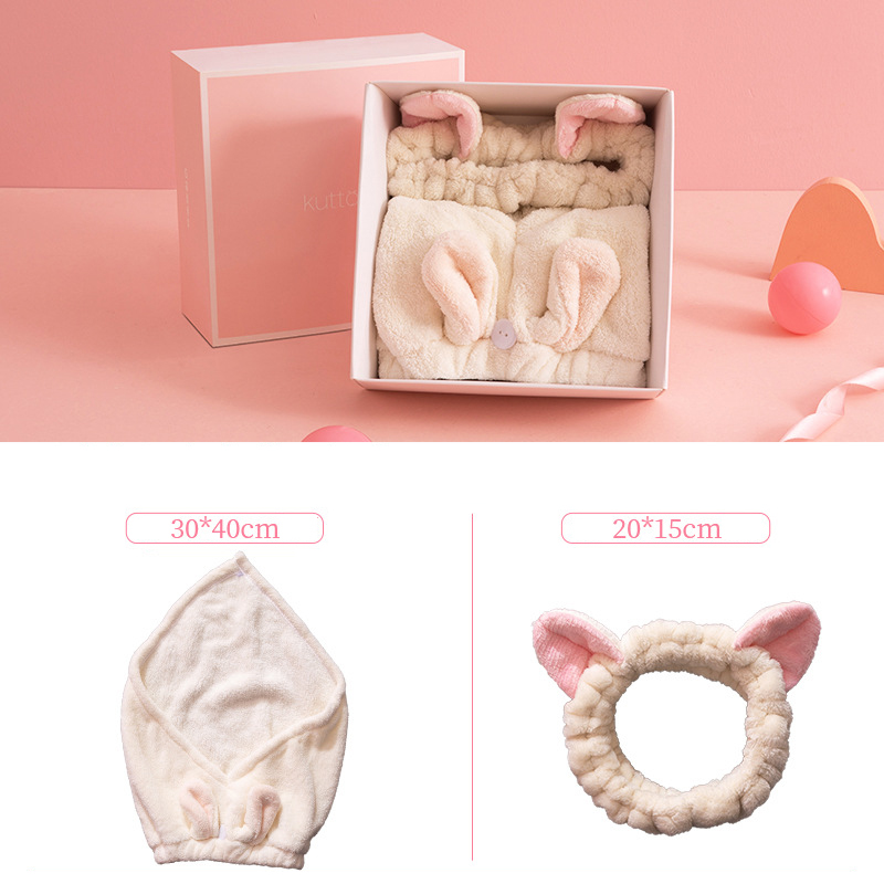 Roze Meisjes Droog Haar Cap Verdikte Water-Absorberende Sneldrogende Coral Fleece Badmuts Wassen Gezicht Hoofdband Set voor Make-Up Remover: White