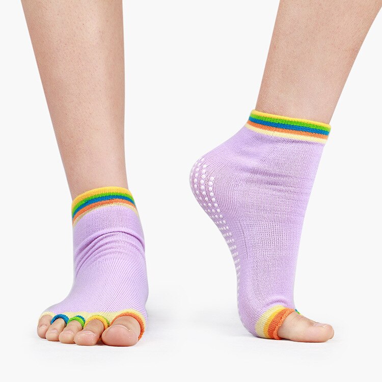 Kvinders bomulds yoga sokker adskilt fem finger åbne tæer sokker med skridsikker silikone gymnastiksport sportssokker: Lys lilla