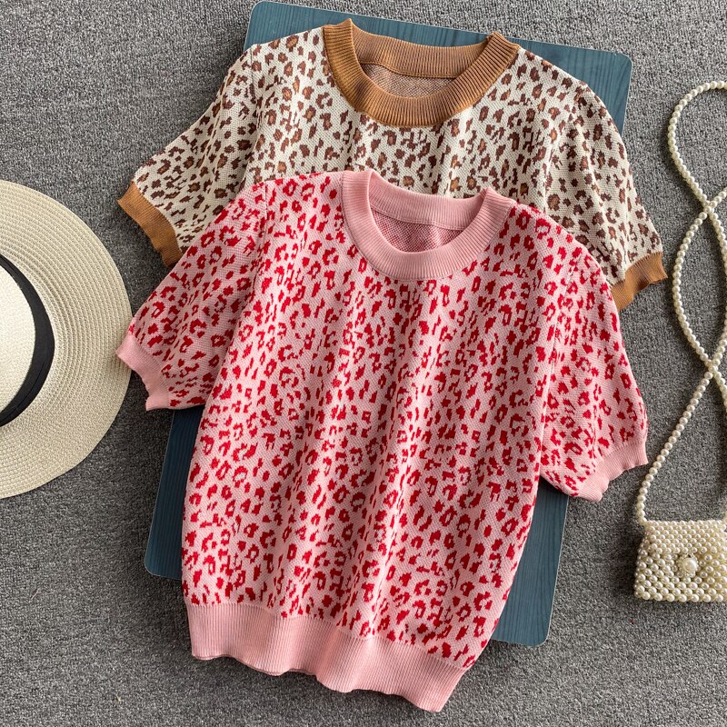 Style Hong Kong Style Retro Chic Loose Wild Leopard Print Soft Short-sleeved Sweater Short Top Women sweater women
