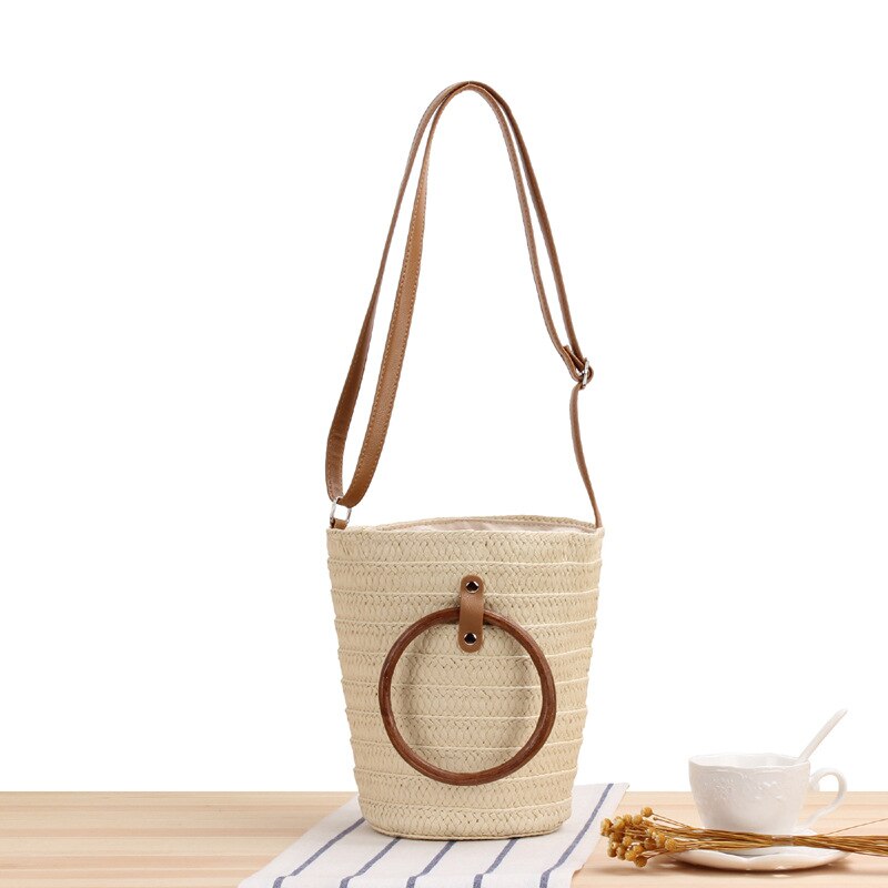 Shoulde Rbagsnew Cilinder Hand Carrying Straddle Strozak Zomer Geweven Zak Emmer Leisure Zakken: Beige