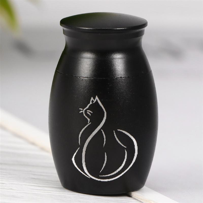Pot d'urne funéraire en acier inoxydable pour animaux de compagnie contenant d'urne imprimé chaton avec couvercles à vis d'ouverture (noir)
