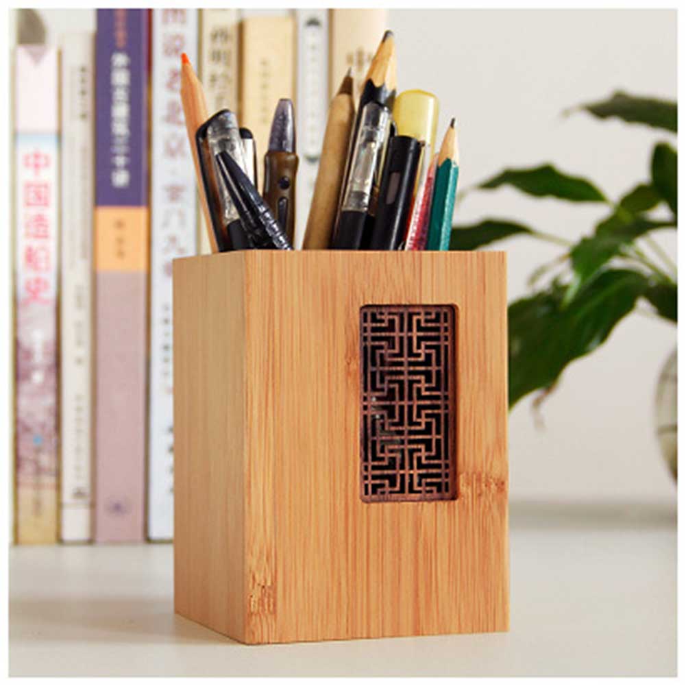 Porta lápiz de madera hueco tallado vaso para pluma organizador de escritorio maquillaje pincel titular EM88