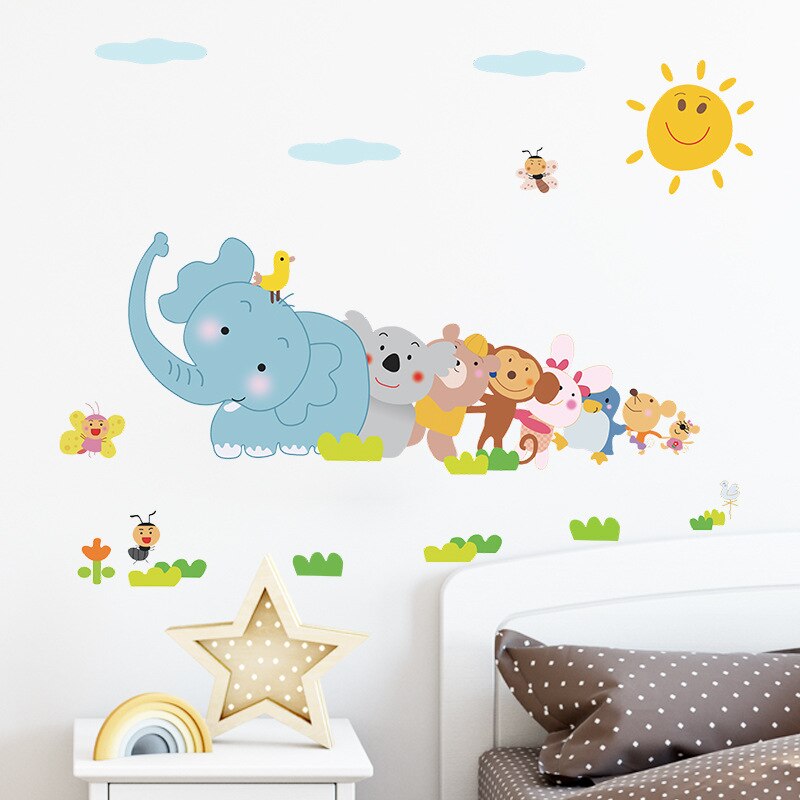 Gelukkig Dieren Olifant Aap Muursticker Voor Kinderkamer Slaapkamer Home Decor Diy Art Achtergrond Decals Leuke Cartoon Zoo Stickers